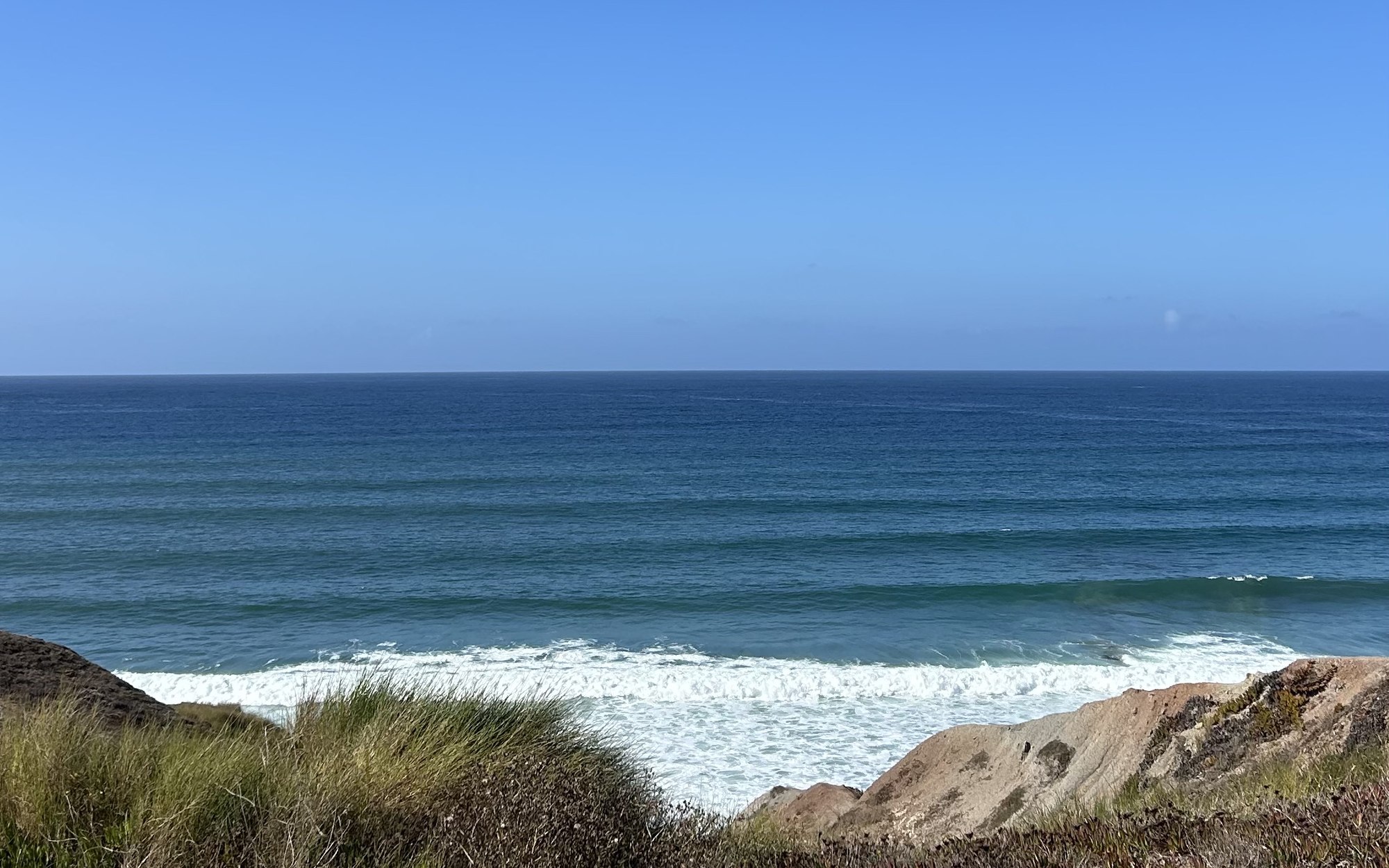 Waves rolling into a beach below coastal dunes